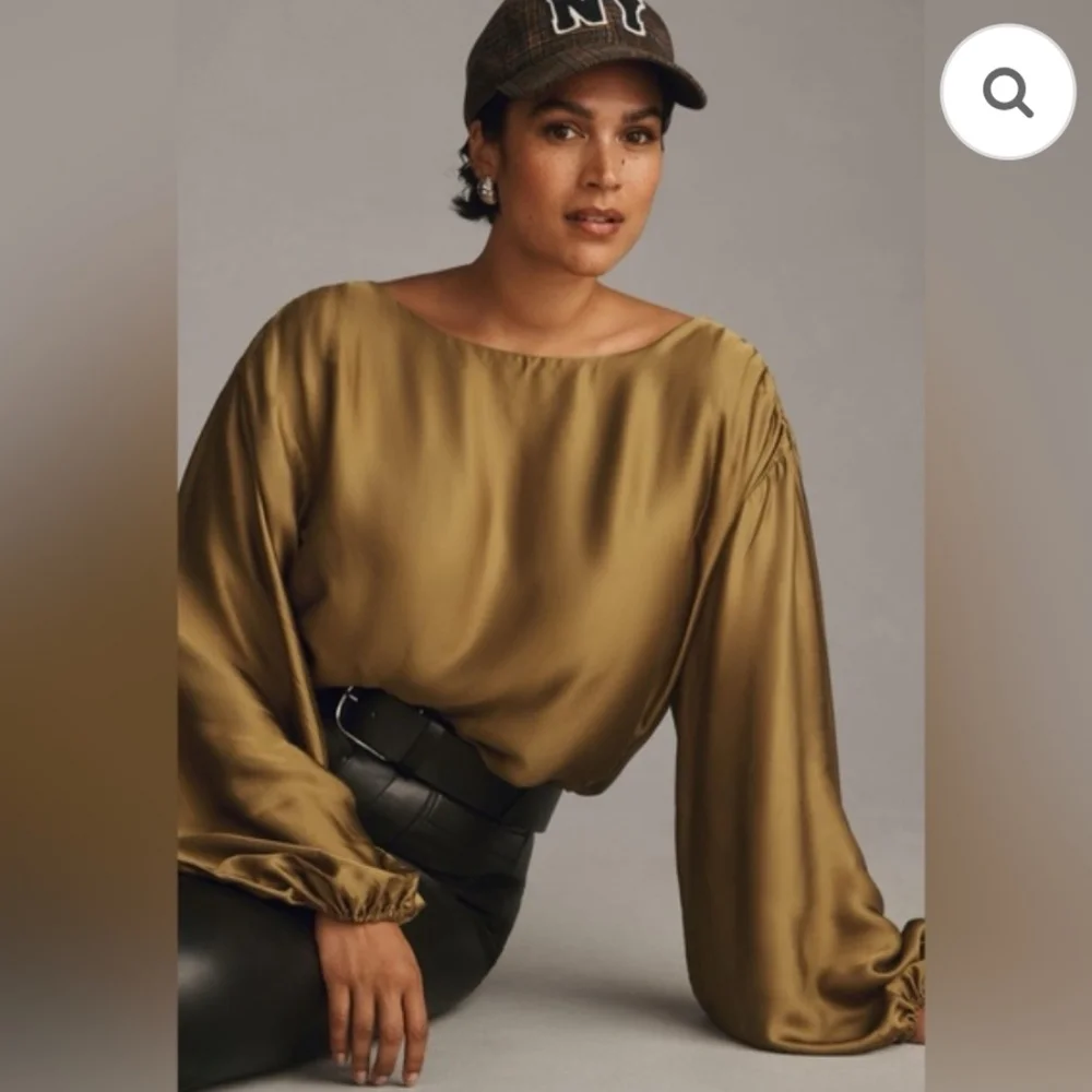 By Anthropologie Olive Green Balloon Sleeve Silky Blouse Top